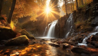 beautiful 3d nature and landscape wallpaper of a waterfall in a forest with sun ray - obrazy, fototapety, plakaty