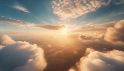 ai generated ai generative air drone aerial view cloudscape landscape nature outdoor fly from above earth clouds sun sunbeams graphic art - obrazy, fototapety, plakaty