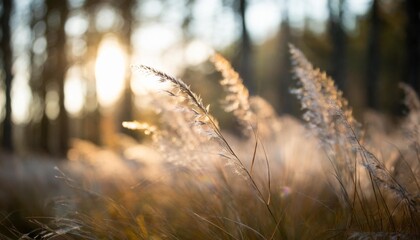 wild feather grass in a forest at sunset macro image shallow depth of field blurred nature background - obrazy, fototapety, plakaty