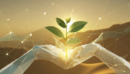 abstract mash line and point hands holding plant sprout save planet nature environment grow life eco polygon triangles low poly illustration