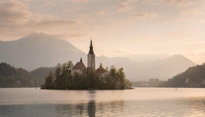 Fototapeta na wymiar beautiful view of island on lake bled slovenia