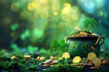 st patricks day with treasure of leprechaun, pot full of golden coins and shamrocks - obrazy, fototapety, plakaty