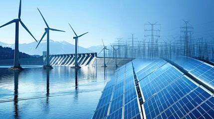 Wind turbines, solar panels, and hydro dams featured in a renewable energy collage this World Environment Day