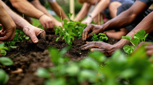 Community members of varied backgrounds unite, hands in soil, to plant trees for a greener earth and celebrate World Environment Day together