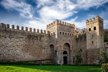 Puerta de Alfonso VI in the monumental wall of access to the world heritage city of Toledo,...