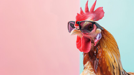 creative animal concept. Chicken in a sunglass shade isolated on a pastel solid background. - obrazy, fototapety, plakaty
