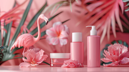 Mockups of jars with cream, gel or emulsion for the body or face on a pink background with the image of a flamingo. The concept of skin care and beauty. The care system