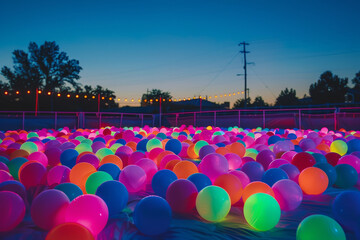A field of neon colored balloons lit up at night