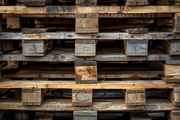 Stacked old Wooden Euro Pallets Close Up, textured wood, banner background