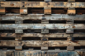 Stacked old Wooden Euro Pallets Close Up, textured wood, banner background