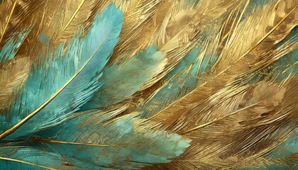 blue and turquoise feathered 3d wallpaper enriched with scratched gold highlights and oak nut wood wicker textures photography detailed surface - obrazy, fototapety, plakaty