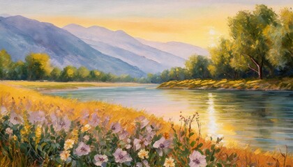 summer landscape flowers on the river bank with trees and mountains in the background oil painting...