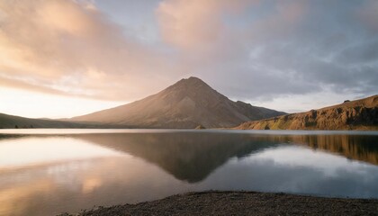 volcanic mountain in morning light reflected in calm waters of lake
