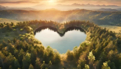 Fotobehang a heart shaped lake in the middle of untouched nature a concept illustrating the issues of nature conservation bio products and the protection of forests and woodlands in general 3d rendering © Katherine