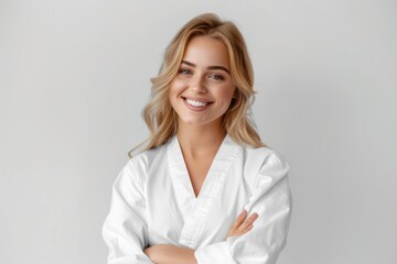 Stunning smiling blonde in white robe spa - obrazy, fototapety, plakaty