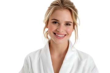 Stunning smiling blonde in white robe spa