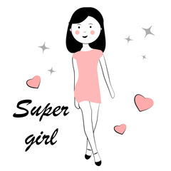 Super girl. Woman in pink dress. Doodle