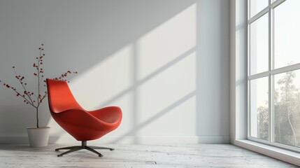 Seventies red chair accentuates modern bright interiors: apartment living room mockup, illustration, 3d rendering
