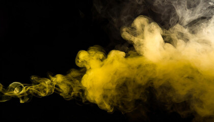 Motion yellow explosion smoke, fluid splash vapor cloud, ink in water, texture art black background