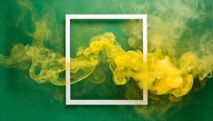 Motion explosion yellow smoke with white frame on green background. Fluid splash vapor cloud