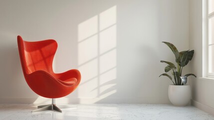 Seventies red chair accentuates modern bright interiors: apartment living room mockup, illustration, 3d rendering