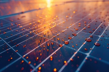 Sunset Gleam on Wet Solar Panels. Closeup Solar panels with raindrops outside the country house, roof
