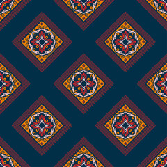 Decorative Asian folk seamless pattern. Repeating background in nomad style. Colored fabric swatch with surface design, minimal print on wallpaper, fabrics, gift wrap, templates. Vector.