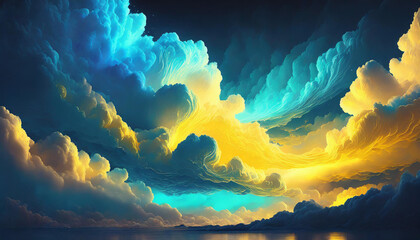 Beautiful fluffy clouds in neon blue and yellow colors. Abstract art. Fantasy background.