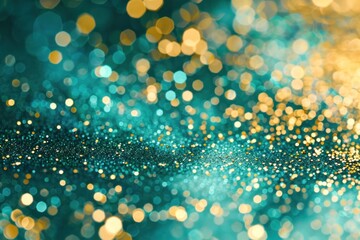 Teal green and gold abstract glitter bokeh background. Holiday texture confetti celebration