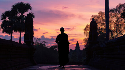 Naklejka premium Monk Silhouetted at Sunset, Bakong Temple, Angkor Park, Siem Reap, Cambodia
