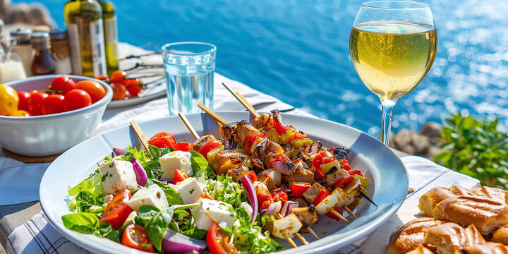 Greek food concept with farm salad and souvlaki skewers against the backdrop of the sparkling blue Aegean Sea in summer