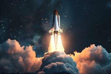 The rocket takes off upwards leaving clouds of smoke underneath, isolated on dark background with copy space - obrazy, fototapety, plakaty