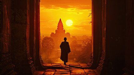 Naklejka premium Monk Silhouetted at Sunset Entering Bakong Temple, Roluos Group, Angkor Park, Siem Reap, Cambodia
