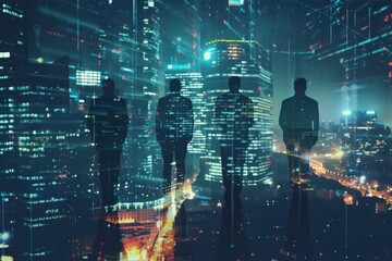 Three headless successful european males silhouettes with devices standing on abstract night city background - obrazy, fototapety, plakaty