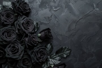 Top view of black roses lying on a black background surface. Copy space for text