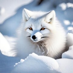 renard blanc, vue de proche, arrière flou, ambiance neige, soleil
