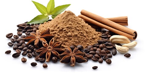 Coffee and Spice Ensemble: Beans, Ground Coffee, and Anise Stars, Isolated on a White Background with Clipping Path, Aromatic Delights Ready for Culinary Exploration. - obrazy, fototapety, plakaty