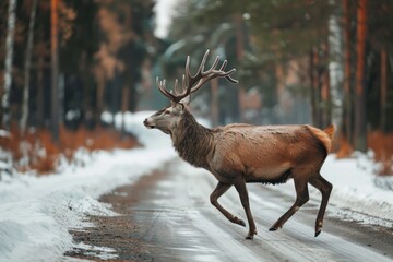 Wild Deer with horns Crossing Suburban Road. Deer running across roadway in backcountry