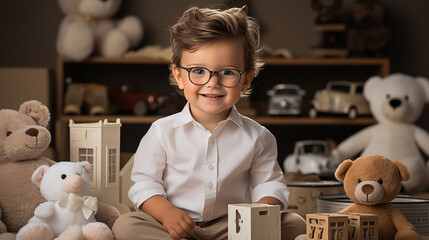 Little cute child in the room with different toys, soft focus background