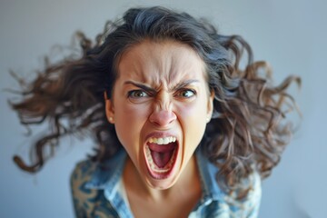 woman is yelling with a fully open mouth