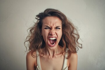 woman is yelling with a fully open mouth