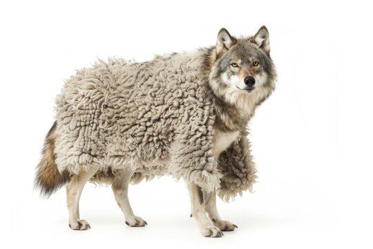 Wolf wearing sheep coat Isolated on solid white background