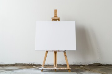 wooden easel with blank canvas against white wall - obrazy, fototapety, plakaty