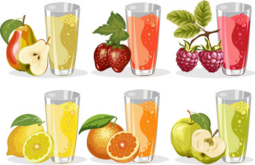 A set of glasses with juices.Berries and fruits, juices in glasses in color vector set.