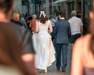 A young generation Z couple in wedding dresses walks among passers-by along a busy city street,...