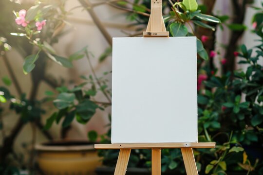 Wooden blank white easel mockup. Board for wedding inscription
