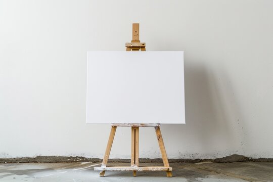 wooden easel with blank canvas against white wall