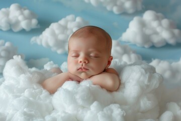 Young beautiful newborn baby sleeping on a cloud up in the sky