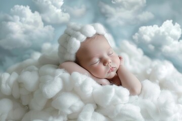 Young beautiful newborn baby sleeping on a cloud up in the sky