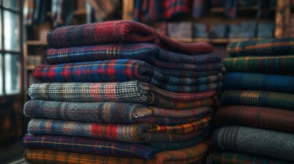 Stack of Tartan Scarfs Cashmere Texture